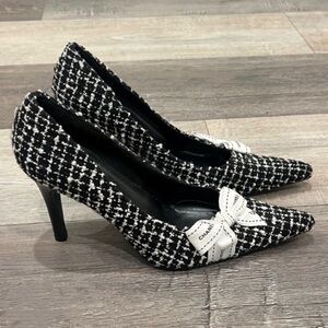 Black White Tweed Bow Pointed Toe Stiletto Heels Parisian Chic Pumps🖤
